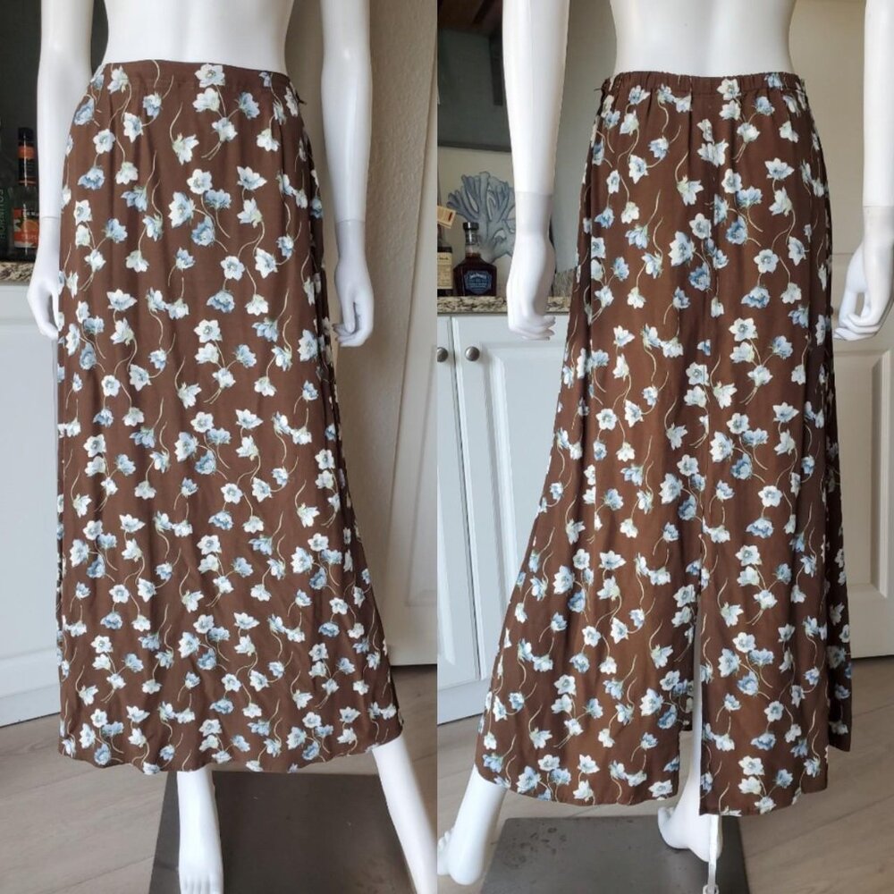 Lizwear Vintage Size 6 100% Rayon Brown Floral A Line Maxi Skirt